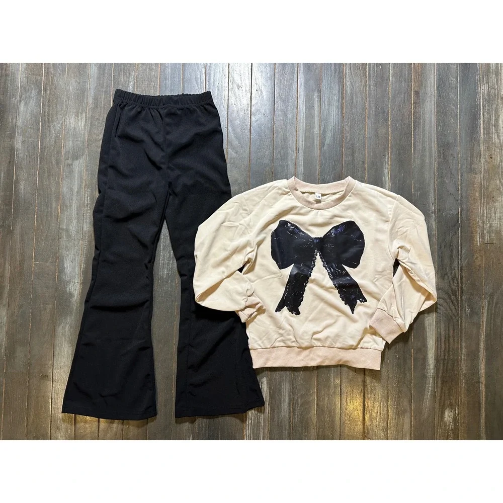 Girls 2 Piece Outfit Set Cream Bow Sweatshirt and Black Flare Pants